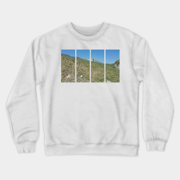 A static shot from the panoramic point Castaldia di Piancavallo of a black and white goat watching me. Beautiful nature in a spring sunny day; no people around Crewneck Sweatshirt by fabbroni-art